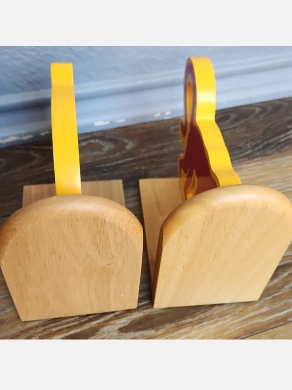 Crate & Barrel Wood Bookends Red Monkey Blue Elephant Yellow Gold